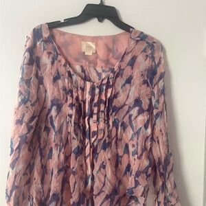 Anthropologie Maeve Pleated Front Blouse - Pink & Blue Abstract Size 10